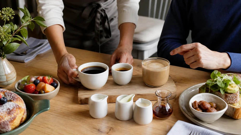 Brunch Coffee Order: Roast, Milk, Sweetness, and Refill Rules