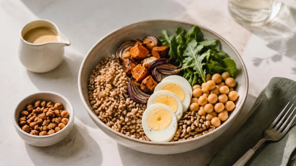 Brunch Grain Bowl: Base, Protein, Crunch, and Dressing