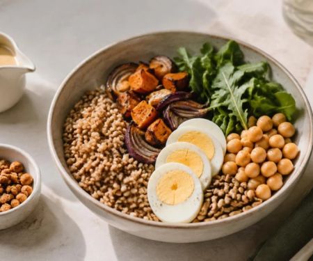 Brunch Grain Bowl: Base, Protein, Crunch, and Dressing