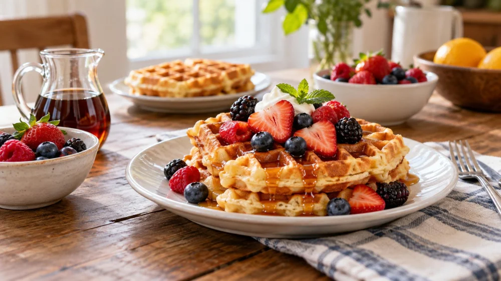 Belgian Waffle Choice: Crispness, Fruit, and Syrup Balance